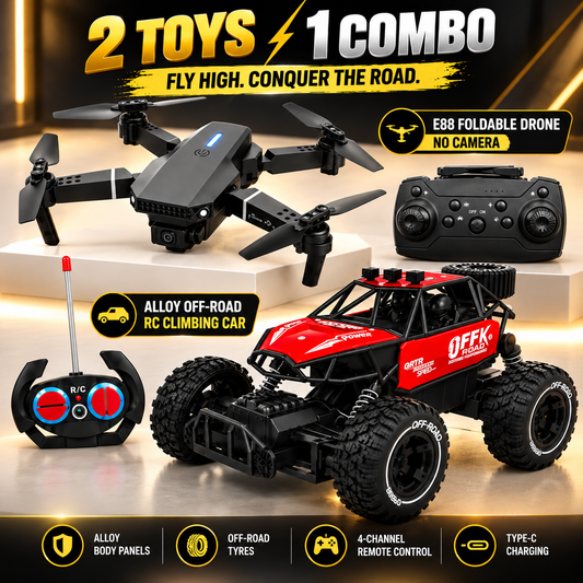 E88 Drone + Off-Road RC Car Combo – 2-in-1 Adventure Toy Set | ₹1,399