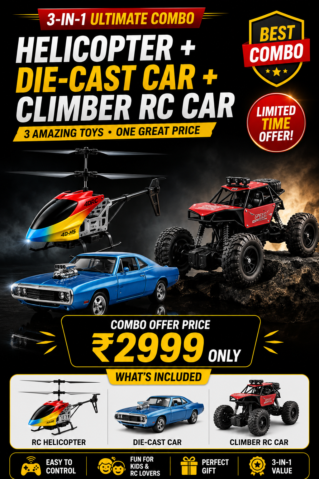 3-IN-1 Ultimate RC Combo – Helicopter + Die-Cast Car + Climber RC Car | Special Combo ₹2999 Only
