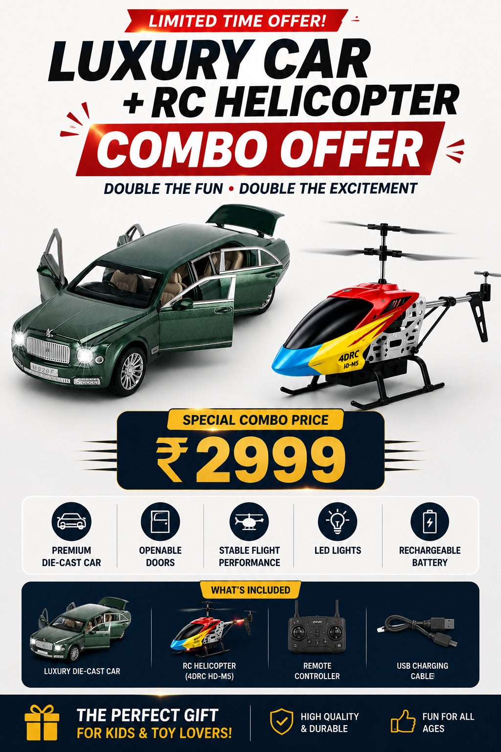 DOUBLE THE THRILL – LUXURY CAR + RC HELICOPTER COMBO @ ₹2999