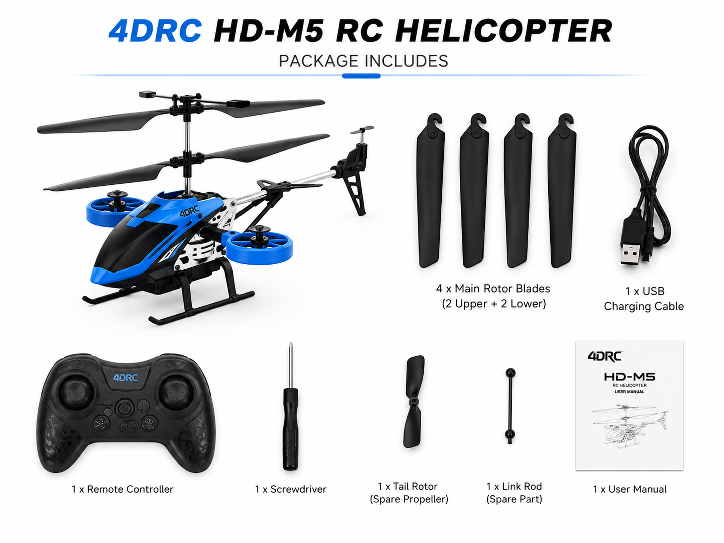4DRC HD-M5 RC Helicopter for Kids & Adults | USB Rechargeable Dual Rotor Flying Helicopter with LED Lights