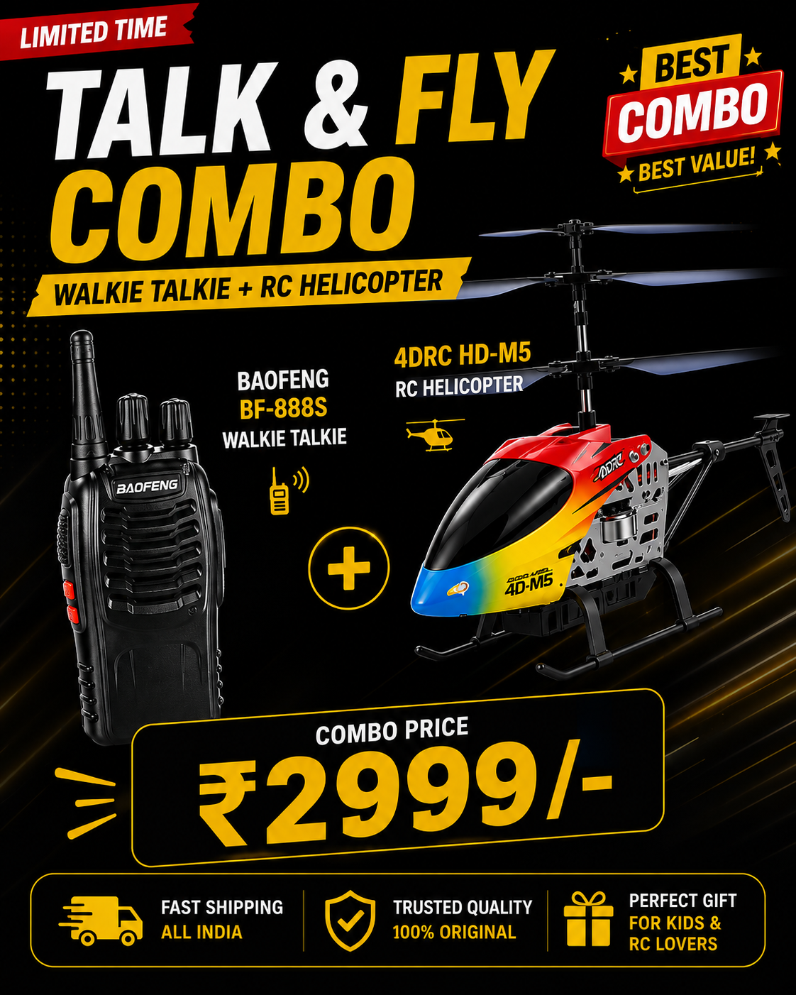 STAY CONNECTED & FLY HIGH! WALKIE TALKIE + RC HELICOPTER COMBO – ONLY ₹2999