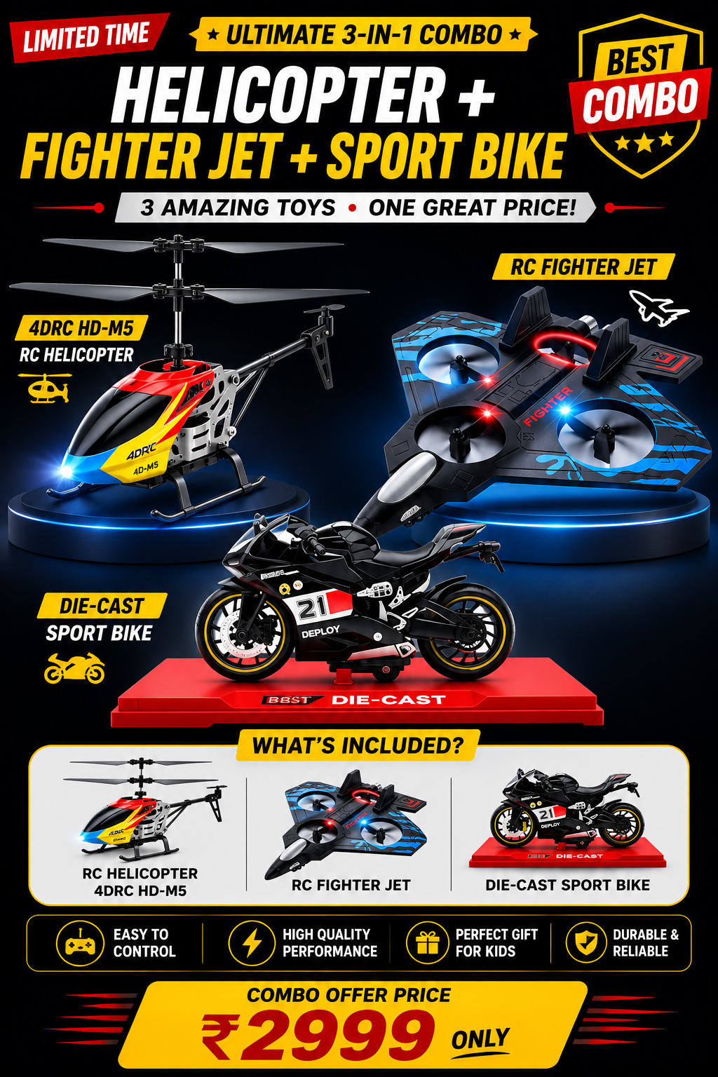 Ultimate Fly & Ride Combo – Helicopter + Fighter Jet + Sport Bike | ₹2999 Only