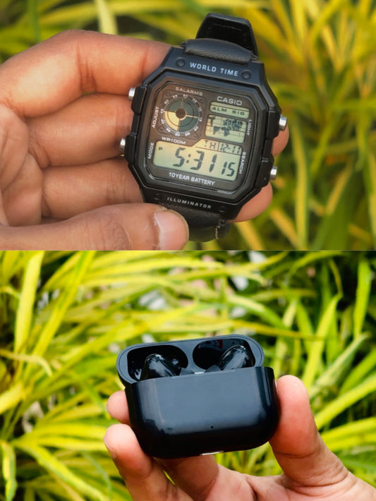 Retro World Time Digital Watch | Premium Leather Strap + FREE Earbuds