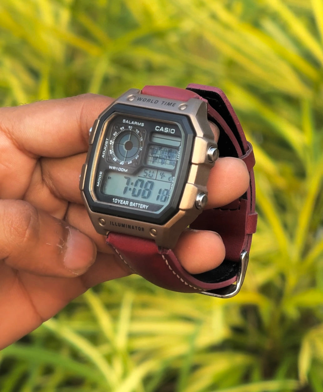 Retro World Time Digital Watch – Premium Leather Strap