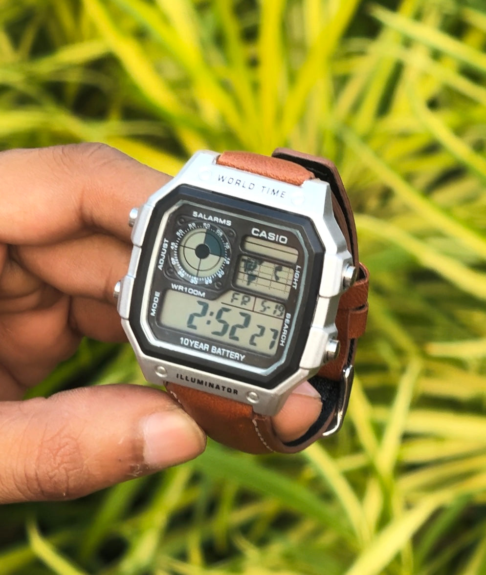 Retro World Time Digital Watch – Premium Leather Strap