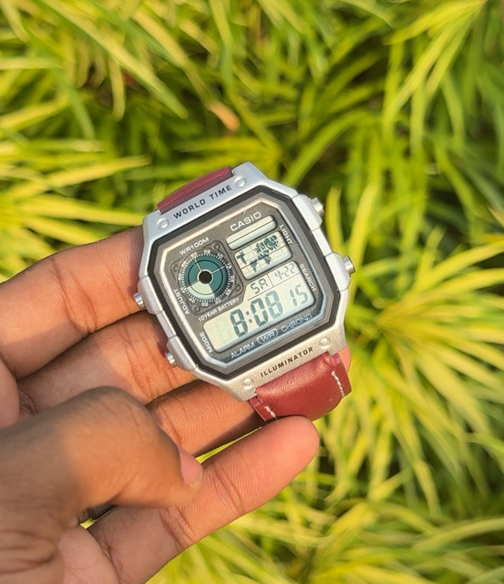 Retro World Time Digital Watch – Premium Leather Strap