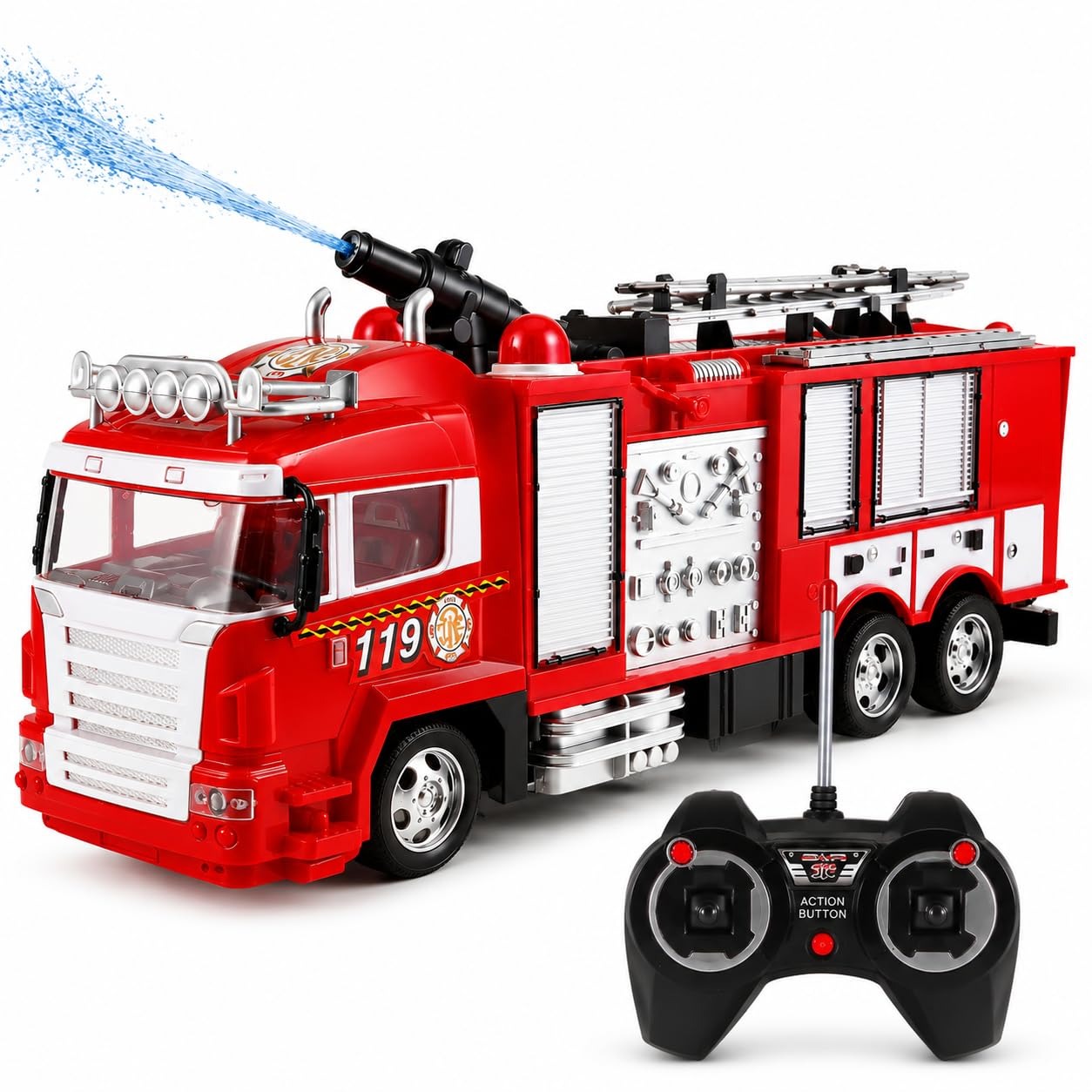 Premium RC Fire Rescue Truck – Water Spray, Extendable Ladder, LED Lights & Sound | Rechargeable RC Toy