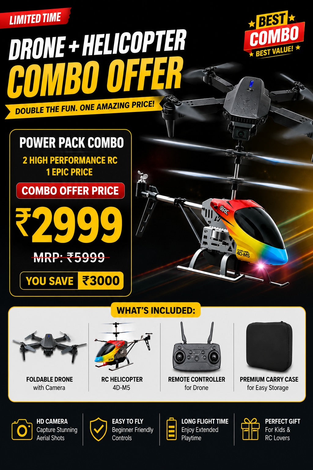 DOUBLE THE FUN! DRONE + HELICOPTER COMBO – ONLY ₹2999